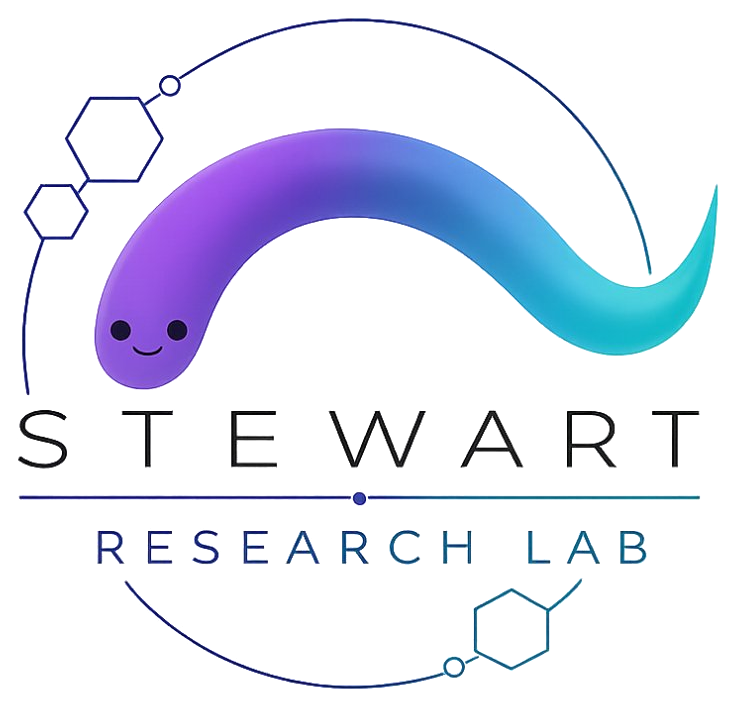 Stewart Research Lab logo: a smiling C. elegans worm encircled by a molecular orbit